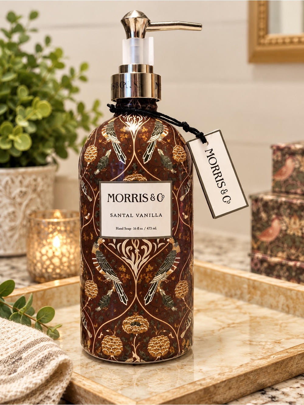 William Morris & Co Floral Glass Hand Soap Dispenser - Santal Vanilla 16 oz NEW